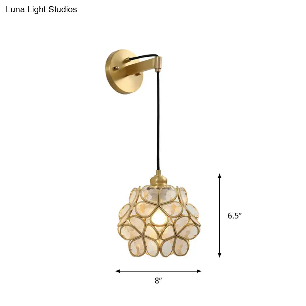 Modernist brass floral glass bulb bedside sconce light pink & clear