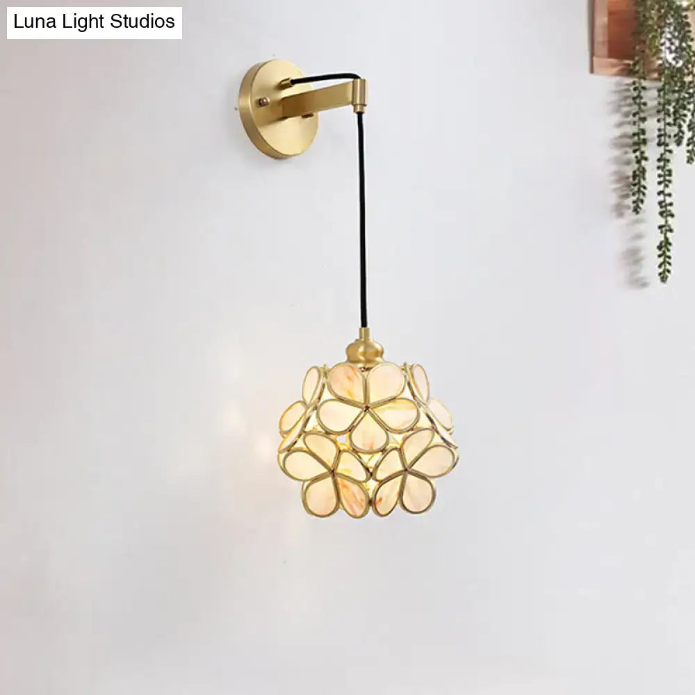 Modernist brass floral glass bulb bedside sconce light pink & clear