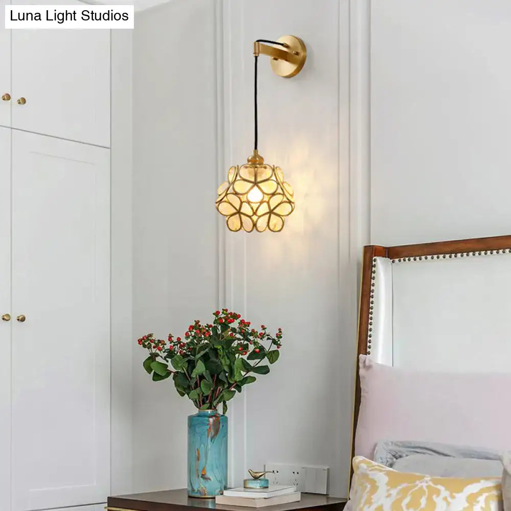 Modernist brass floral glass bulb bedside sconce light pink & clear