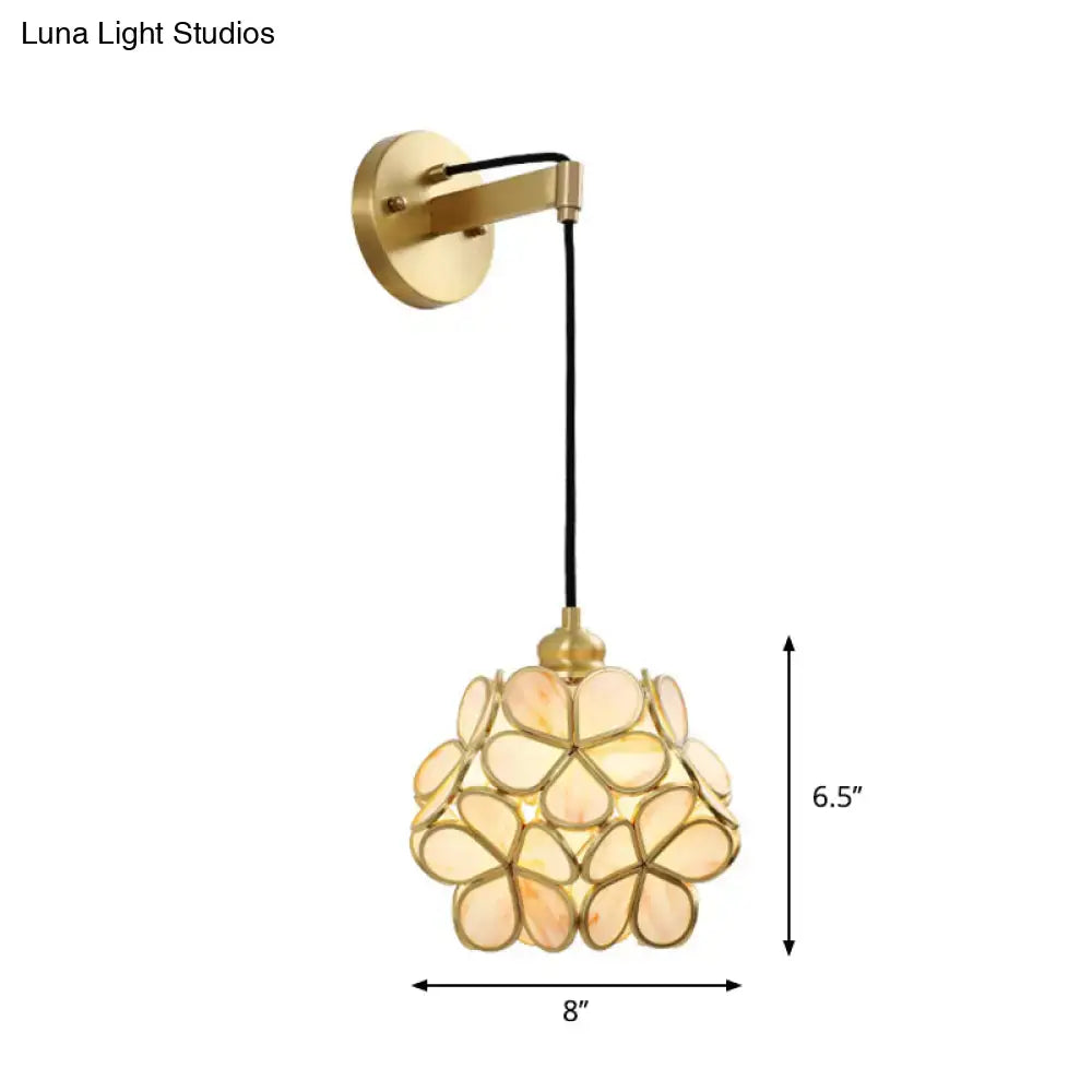 Modernist brass floral glass bulb bedside sconce light pink & clear