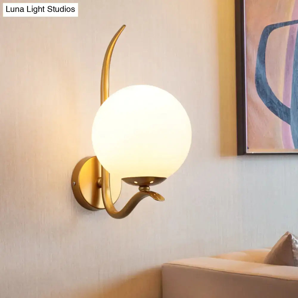 DecorBites™ Modernist White Glass Wall Mount Sconce Light - Global Design, 1-Bulb Gold Lighting for Bedroom (6"/8" Wide)