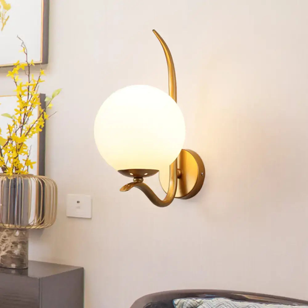 DecorBites™ Modernist White Glass Wall Mount Sconce Light - Global Design, 1-Bulb Gold Lighting for Bedroom (6"/8" Wide)