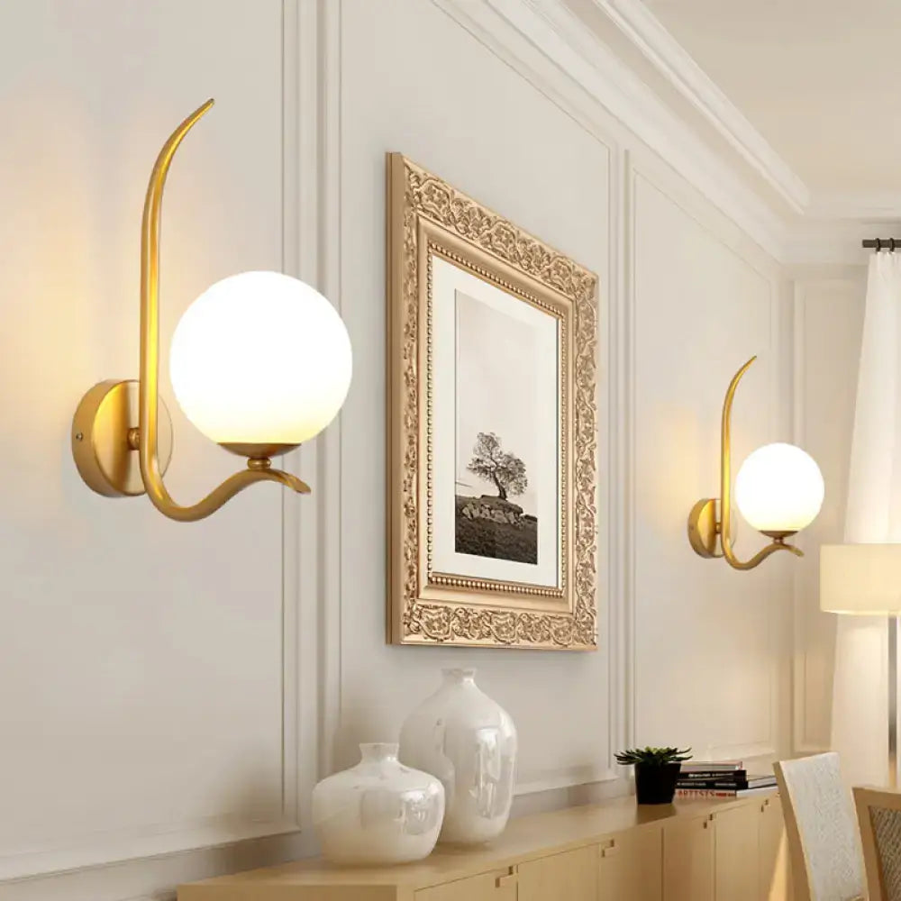 DecorBites™ Modernist White Glass Wall Mount Sconce Light - Global Design, 1-Bulb Gold Lighting for Bedroom (6"/8" Wide)