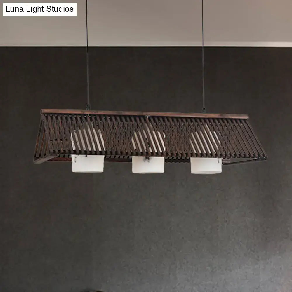 DecorBites™ Modernist Linear Island Lighting Wood 3-Light Dining Room Lamp with White Glass Shade in Beige/Brown