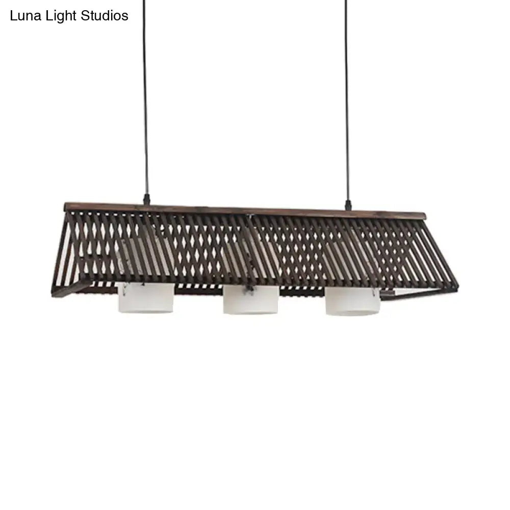DecorBites™ Modernist Linear Island Lighting Wood 3-Light Dining Room Lamp with White Glass Shade in Beige/Brown