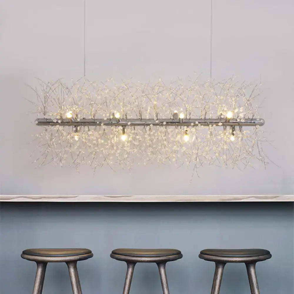 DecorBites™ Modernist Metallic Branch Island Pendant Light | Silver Hanging Lamp with Crystal Bead Deco | 27.5"/35.5" Width