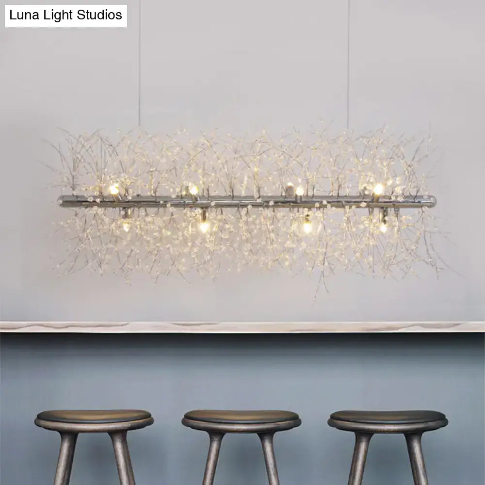 DecorBites™ Modernist Metallic Branch Island Pendant Light | Silver Hanging Lamp with Crystal Bead Deco | 27.5"/35.5" Width