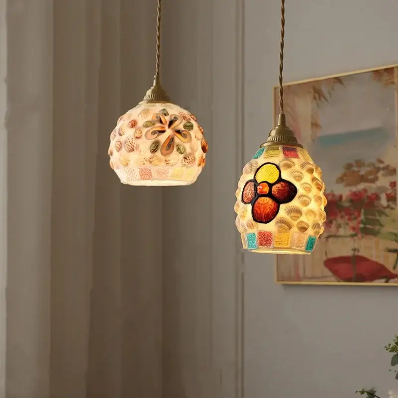 DecorBites™ Conch Glass LED Pendant Light Fixture Tiffany Children Dining Room Hang Lamp