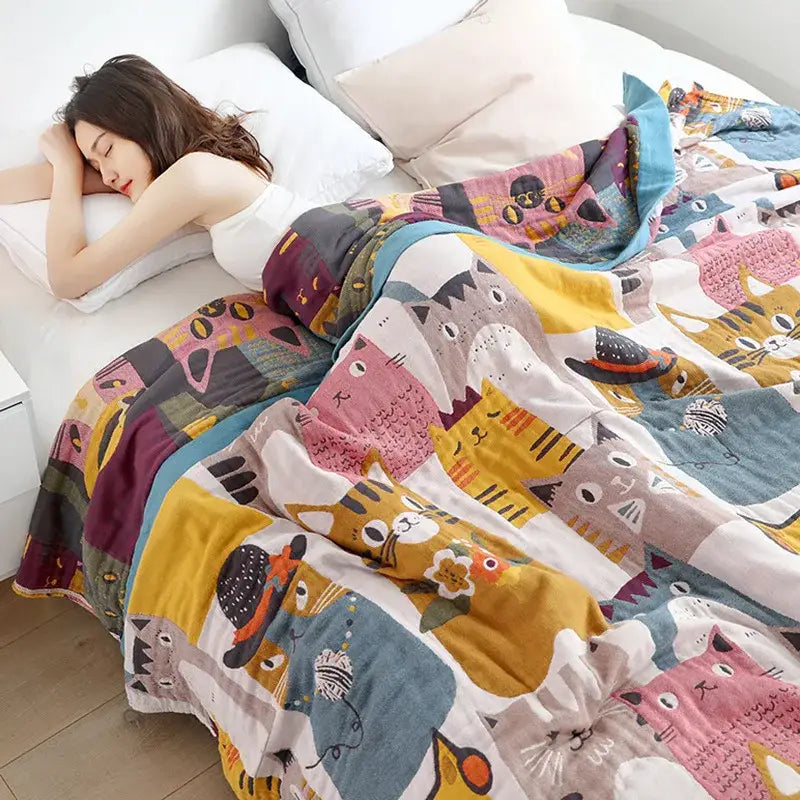Multicolor boho printed cotton blanket bedroom cat pattern bed throw