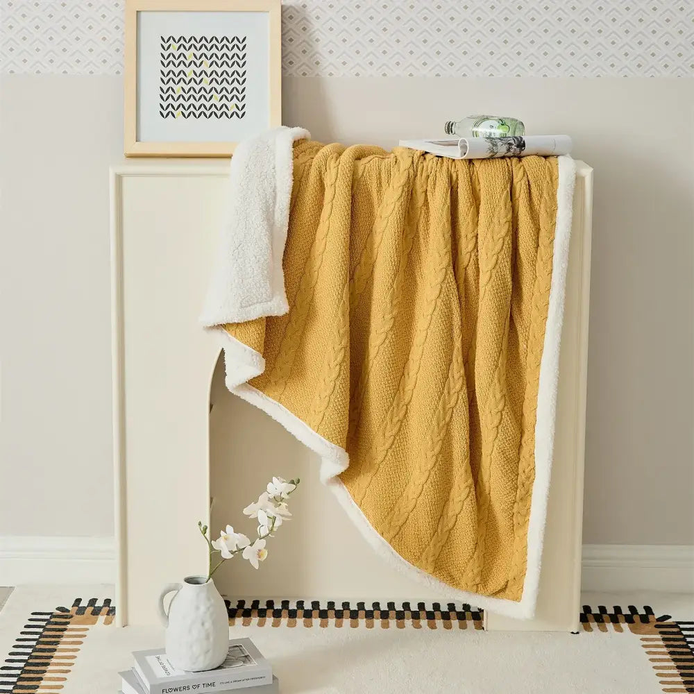 Mustard & white cable knit sherpa blanket bedroom throw
