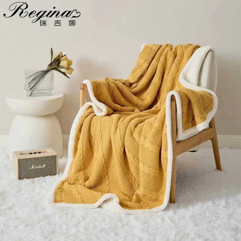 Mustard & white cable knit sherpa blanket bedroom throw