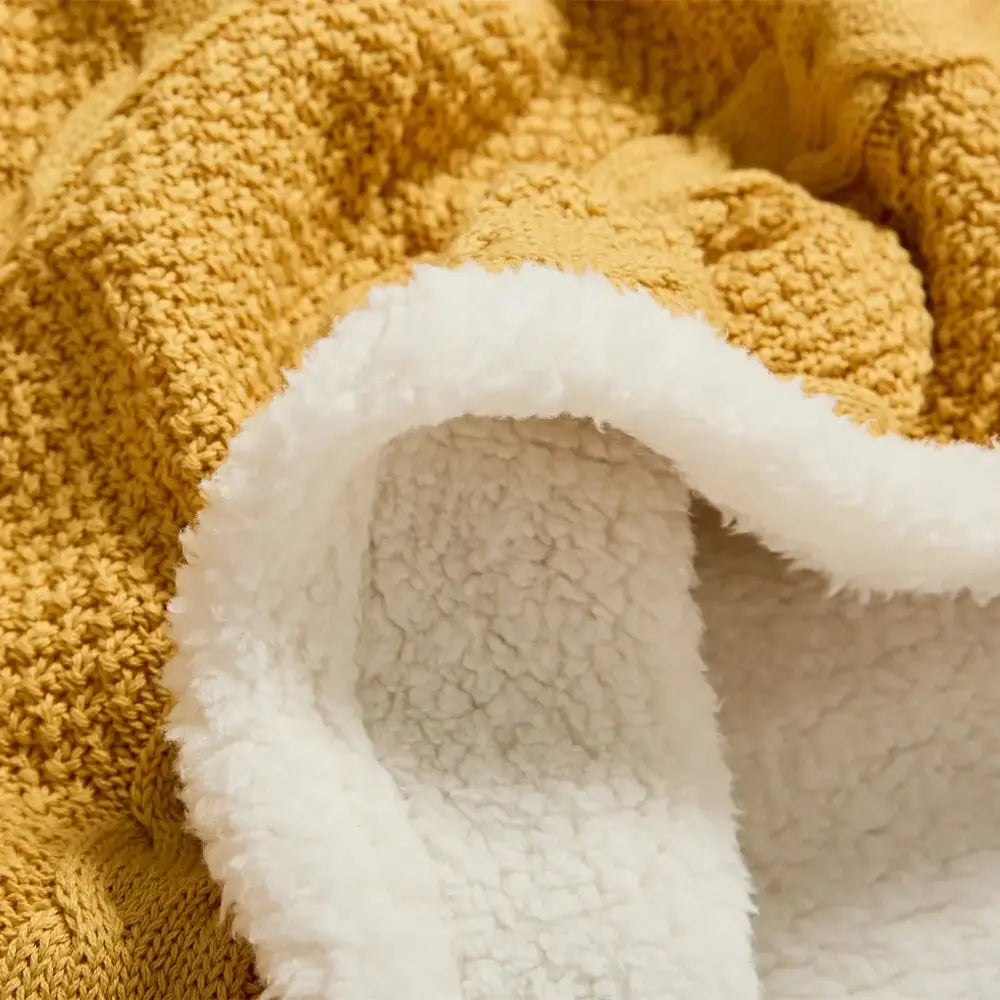Mustard & white cable knit sherpa blanket bedroom throw