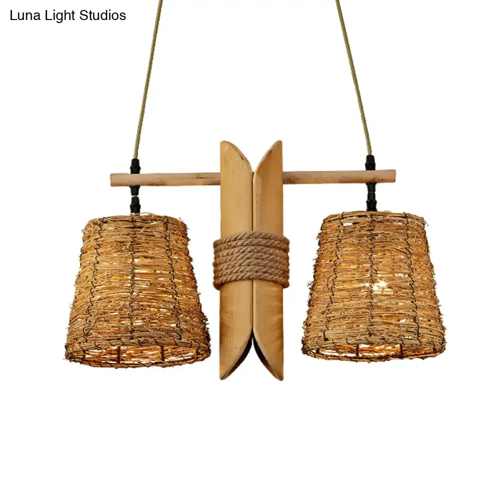 Natural woven rattan 2 light conic restaurant island ceiling light