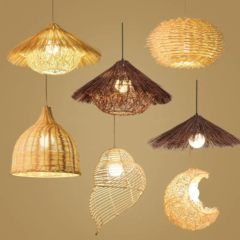 Natural woven rattan pendant light dining room straw hat chandelier