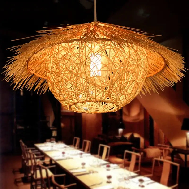 Natural woven rattan pendant light dining room straw hat chandelier