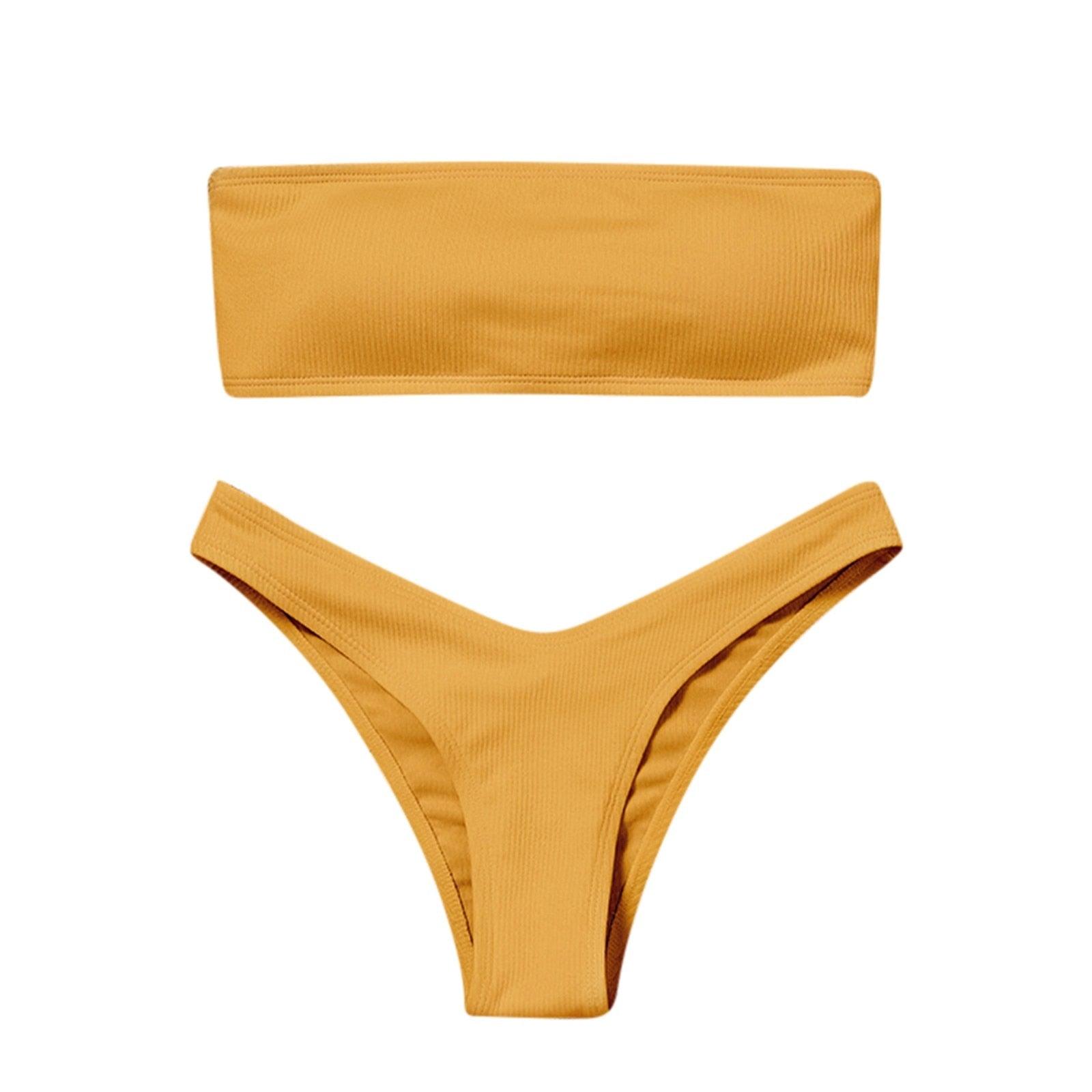 New Bikini High Waist Strapless Bikini Women Swimwear Women Swimsuit Padded Bathing Suit Pure Color Women's Bandeau Bikini Top-High Leg High Waist Bikini Bottom Set