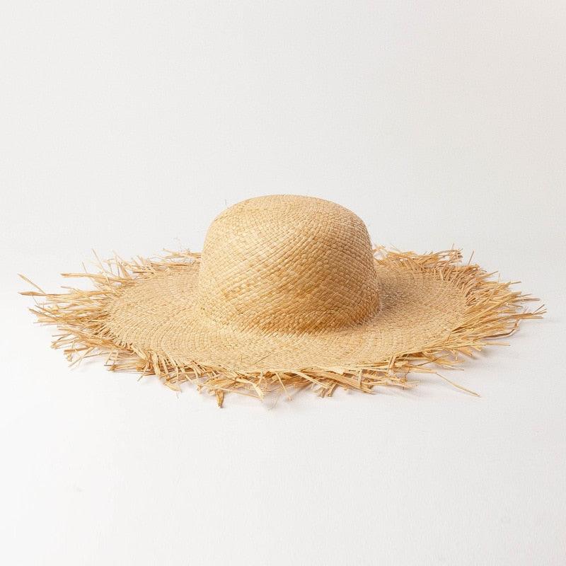 New Handmade Women Straw Sun Hats Large Wide Flat Top Wide Hat Beach Hat Lady Holiday Sun Protection Hat Girls Quality Natural Outdoor Sun Caps For Holiday Vintage Design Hat