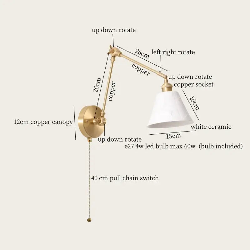 DecorBites™ Ceramic LED Wall Lamp, Pull Chain Switch, Nordic Copper, Small Size