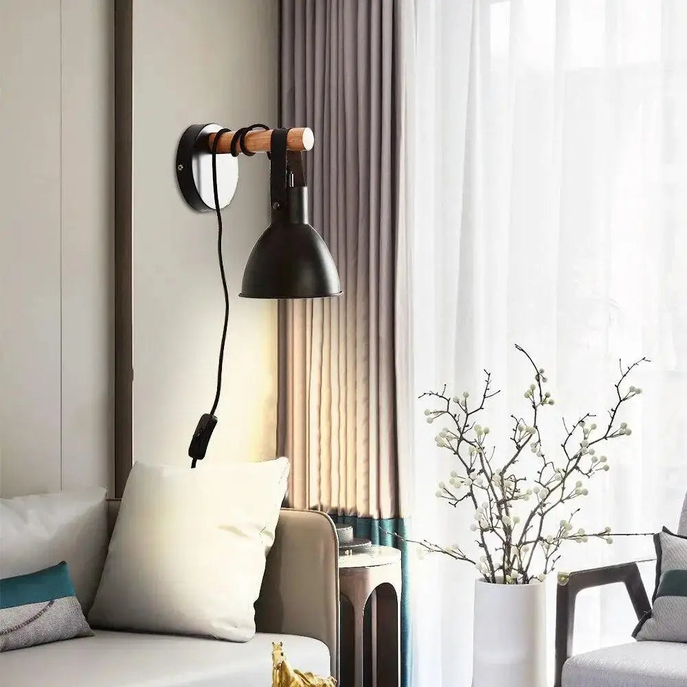 Black finish algunda plug wall sconce bedroom metal light with leather strap