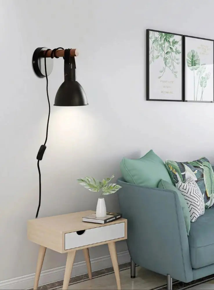Black finish algunda plug wall sconce bedroom metal light with leather strap