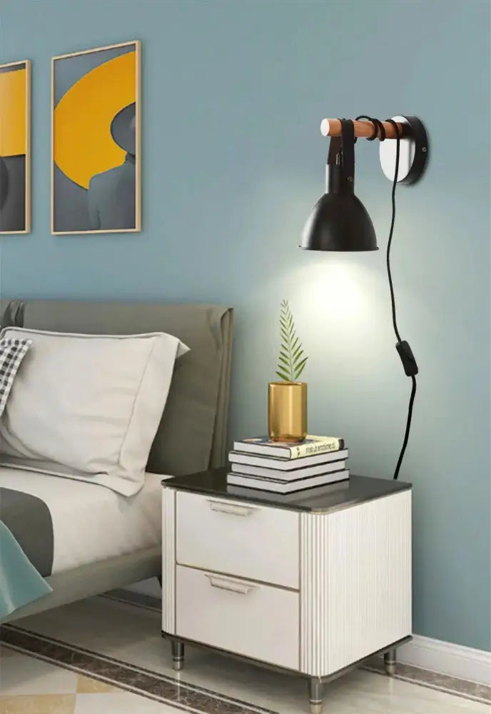 Black finish algunda plug wall sconce bedroom metal light with leather strap