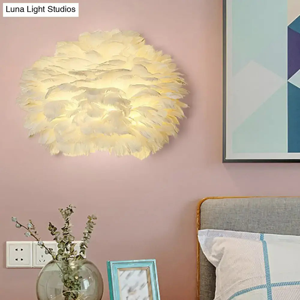 DecorBites™ White Feather Nordic Wall Sconce with Blossoming Flower Design for Girls' Bedroom Lighting