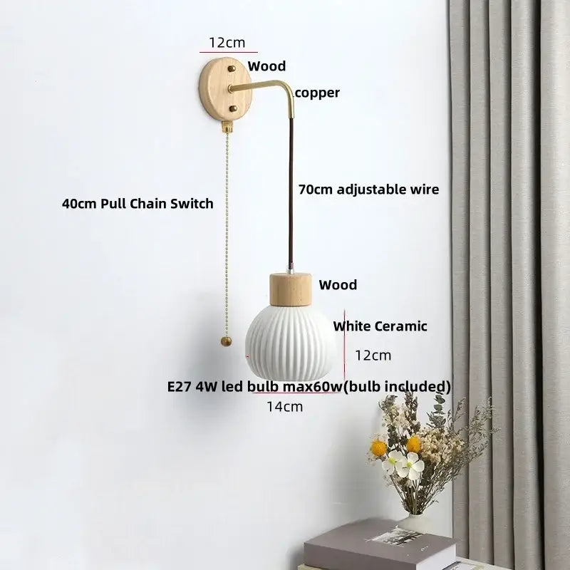 Nordic white ribbed ceramic wood wall sconce – bedroom pull chain light