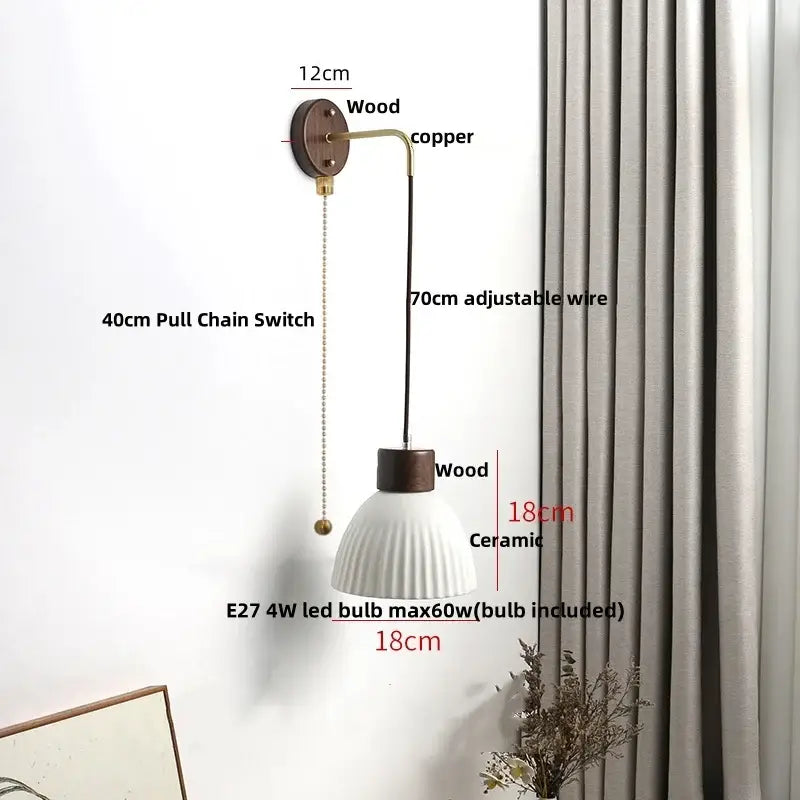 Nordic white ribbed ceramic wood wall sconce – bedroom pull chain light