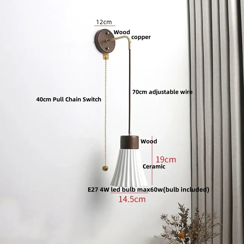 Nordic white ribbed ceramic wood wall sconce – bedroom pull chain light