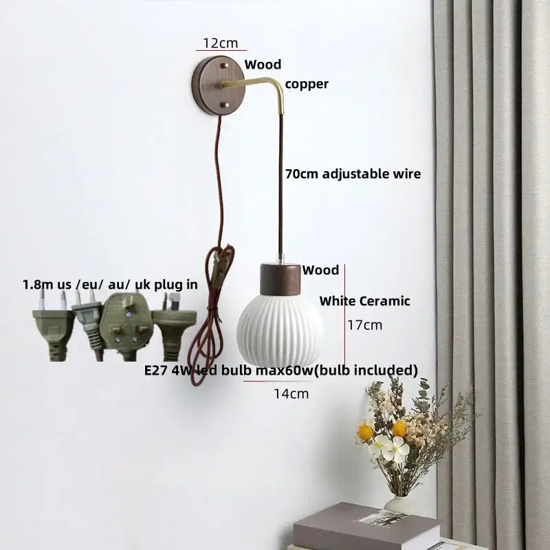 Nordic white ribbed ceramic wood wall sconce – bedroom pull chain light