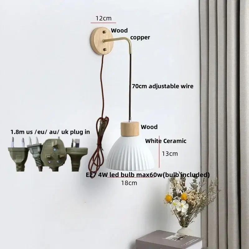 Nordic white ribbed ceramic wood wall sconce – bedroom pull chain light
