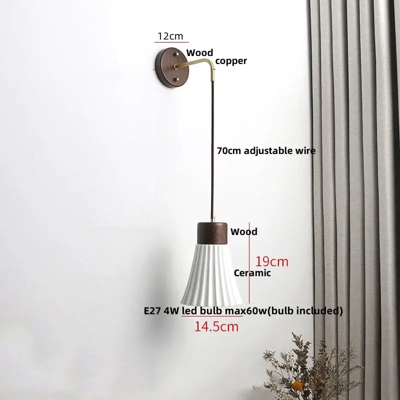 Nordic white ribbed ceramic wood wall sconce – bedroom pull chain light