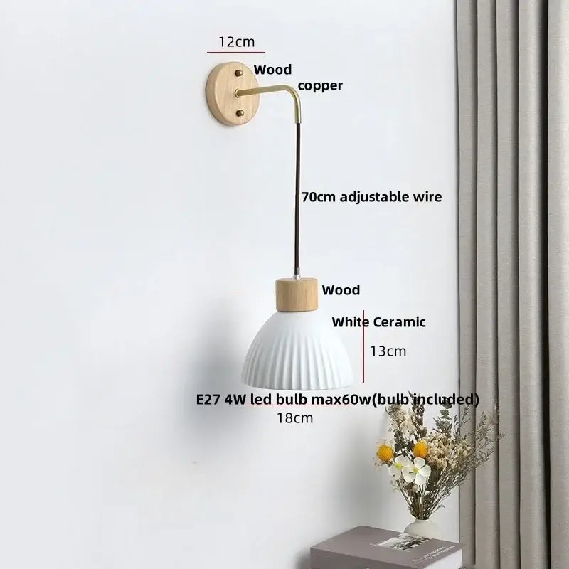 Nordic white ribbed ceramic wood wall sconce – bedroom pull chain light