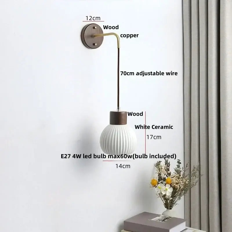 Nordic white ribbed ceramic wood wall sconce – bedroom pull chain light