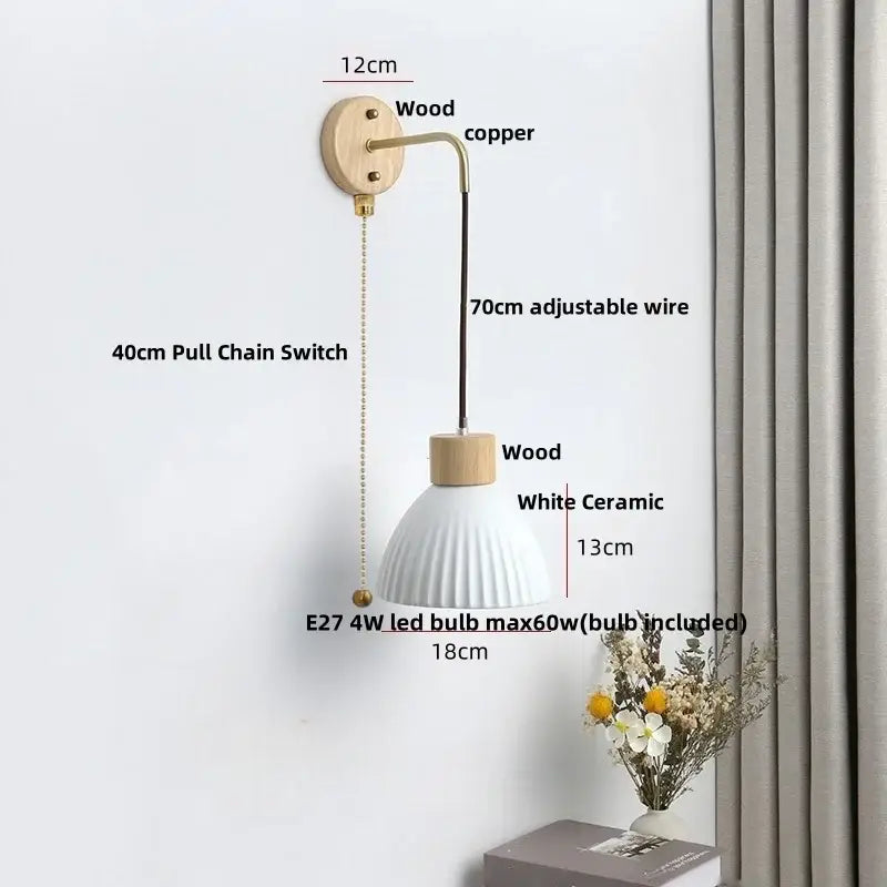 Nordic white ribbed ceramic wood wall sconce – bedroom pull chain light