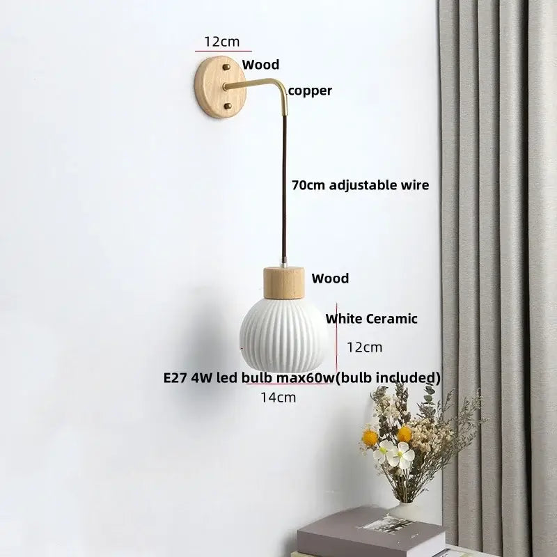 Nordic white ribbed ceramic wood wall sconce – bedroom pull chain light
