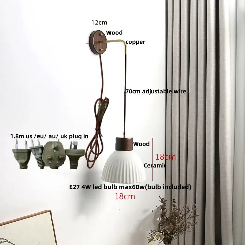 Nordic white ribbed ceramic wood wall sconce – bedroom pull chain light
