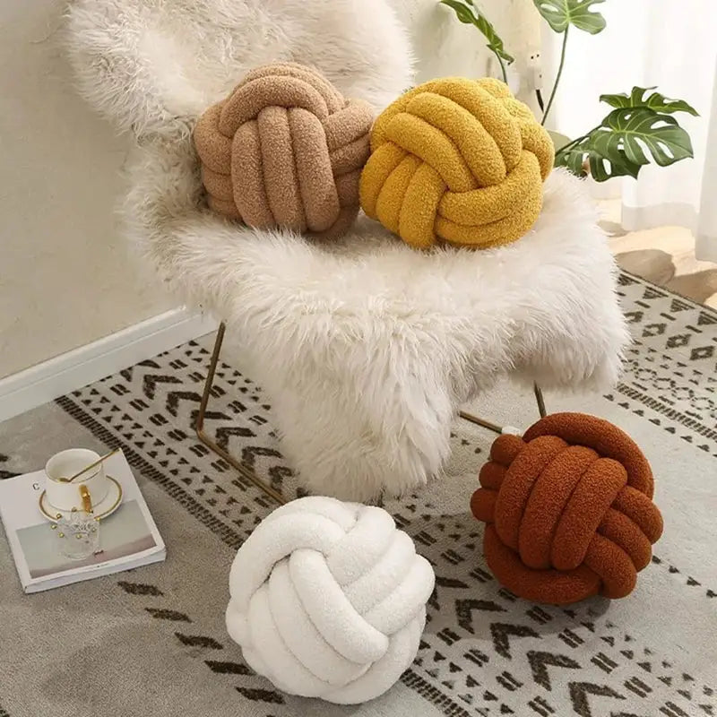 Off-white boucle knotted circle throw pillows bedroom decor