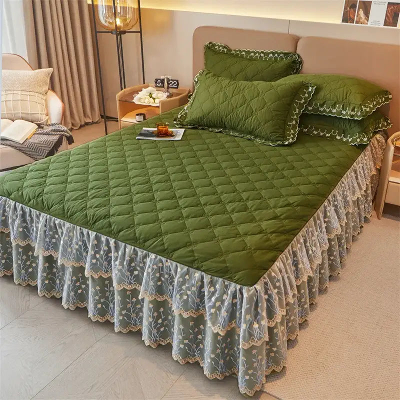 Olive green and white floral quilted bed skirt set bedroom lace trim