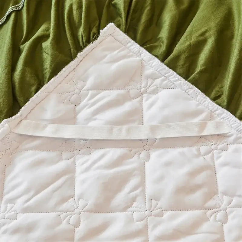 Olive green and white floral quilted bed skirt set bedroom lace trim