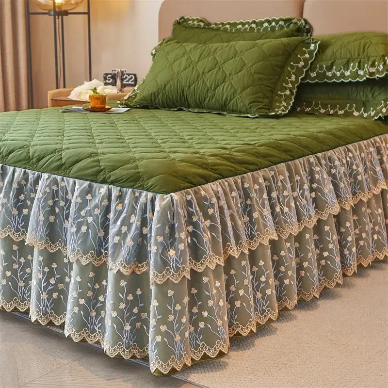 Olive green and white floral quilted bed skirt set bedroom lace trim
