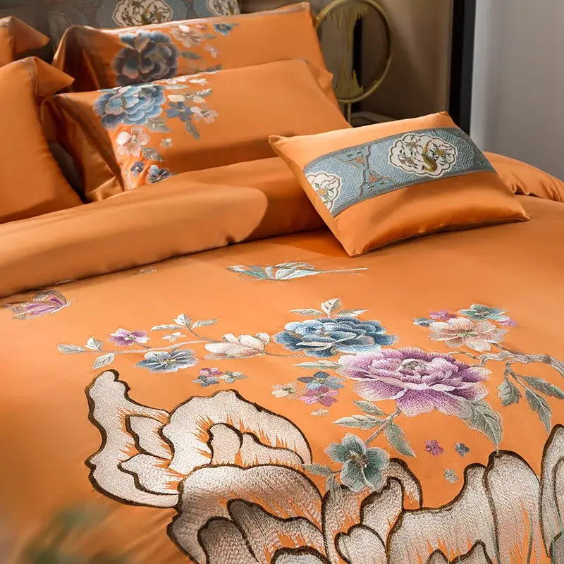 Orchid & blue floral orange 200s embroidery egyptian cotton bedding set