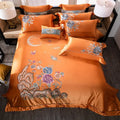 Orchid & blue floral orange 200s embroidery egyptian cotton bedding set