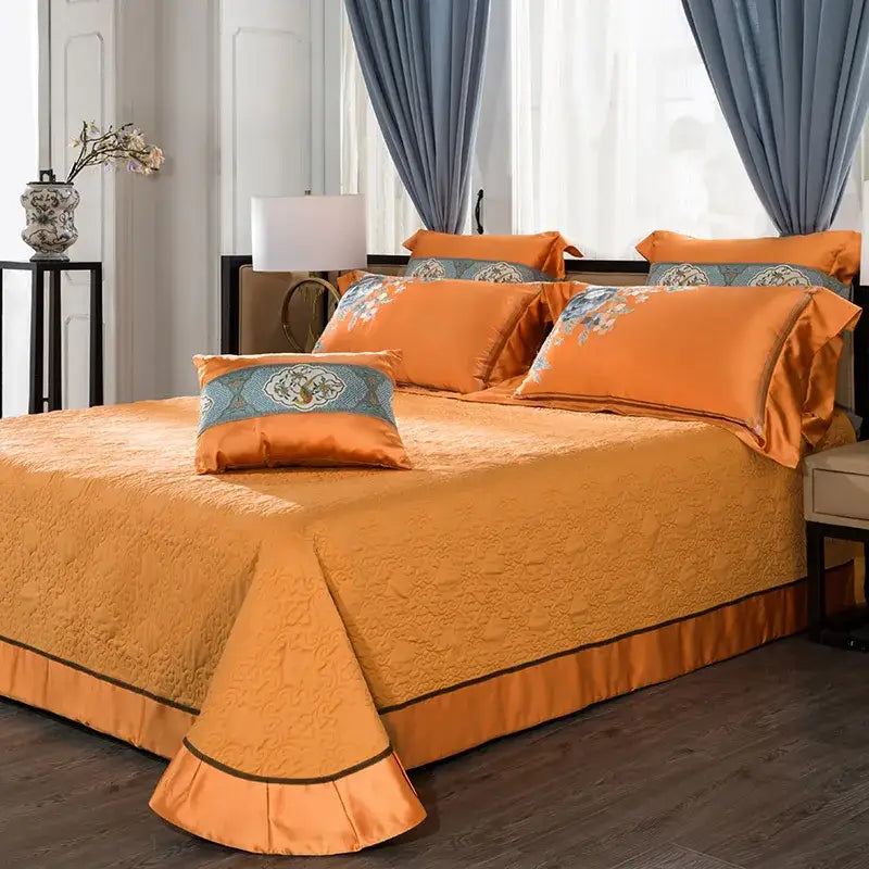 Orchid & blue floral orange 200s embroidery egyptian cotton bedding set