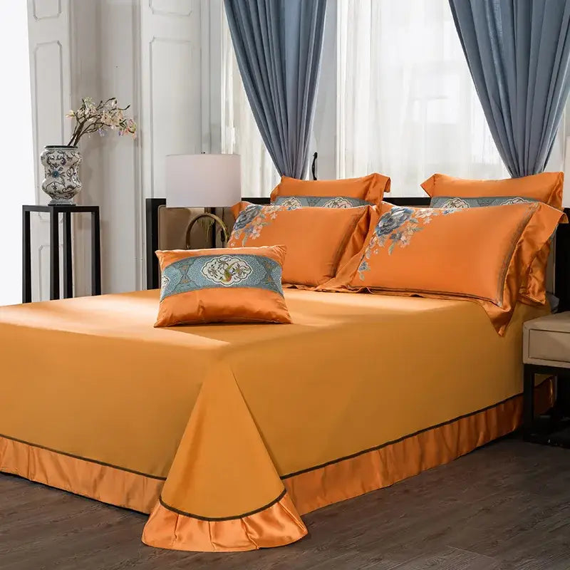 Orchid & blue floral orange 200s embroidery egyptian cotton bedding set