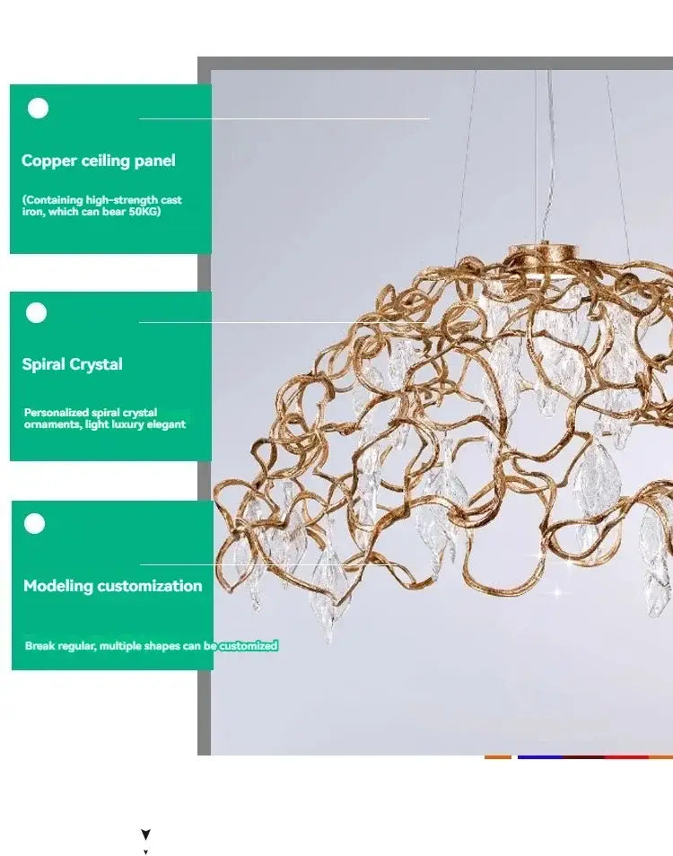 Organic copper crystal ceiling chandelier dining room pendant light