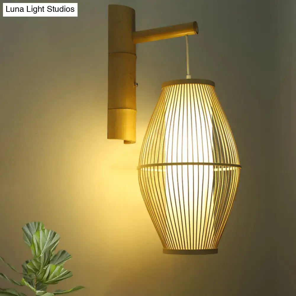 Oriental bamboo woven wall lamp – bedroom beige e26 e27 sconce