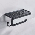 Ornate black metal toilet paper holder with phone shelf bathroom storage