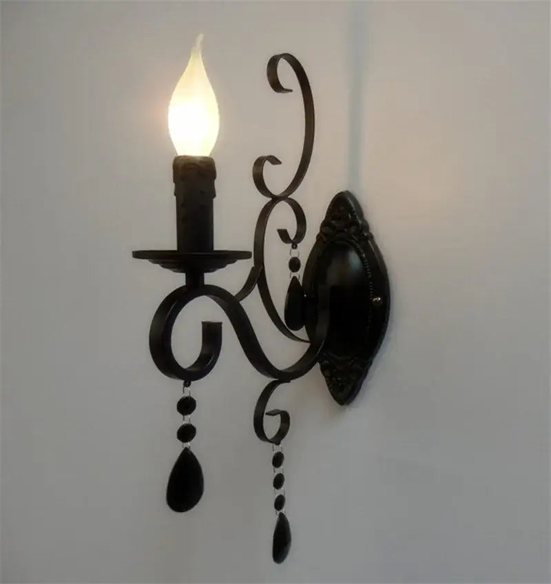 Ornate black wrought iron crystal wall lamp living room sconce