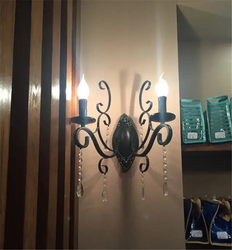 Ornate black wrought iron crystal wall lamp living room sconce